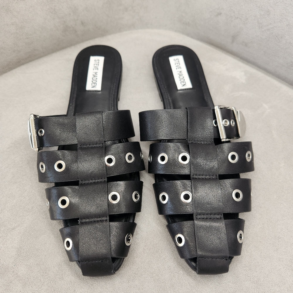 Steve Madden Mules 8.5 Black Leather Ladera Studs Intrecciato Almond Toe New $90